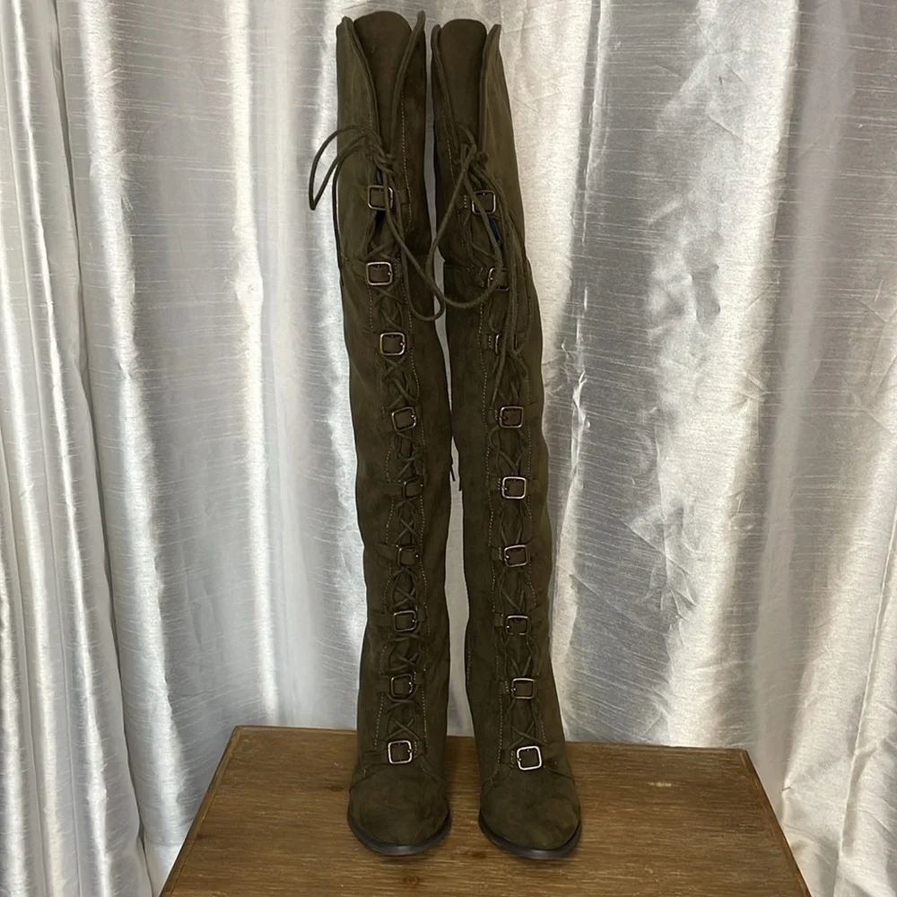 Shoedazzle Josie 8.5 Faux Micro Suede 4” Heel Over the Knee Lace Up Boots